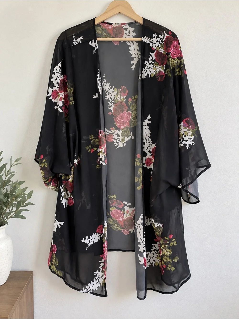 Black Floral Sheer Kimono Shrug - Lightweight Open-Front